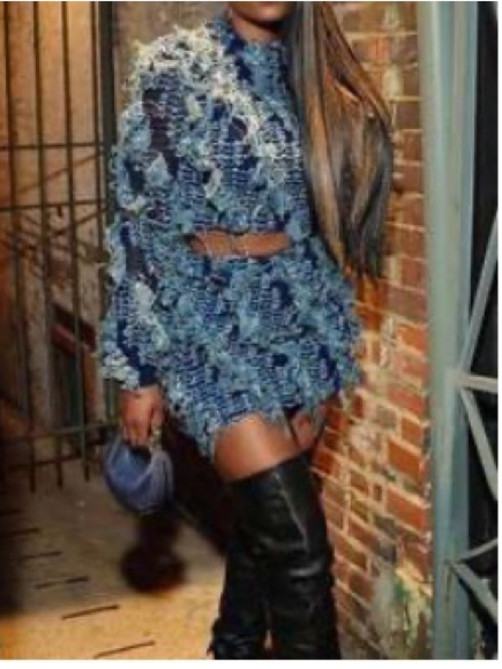 Blue Textured Two-Piece Set with High Neck